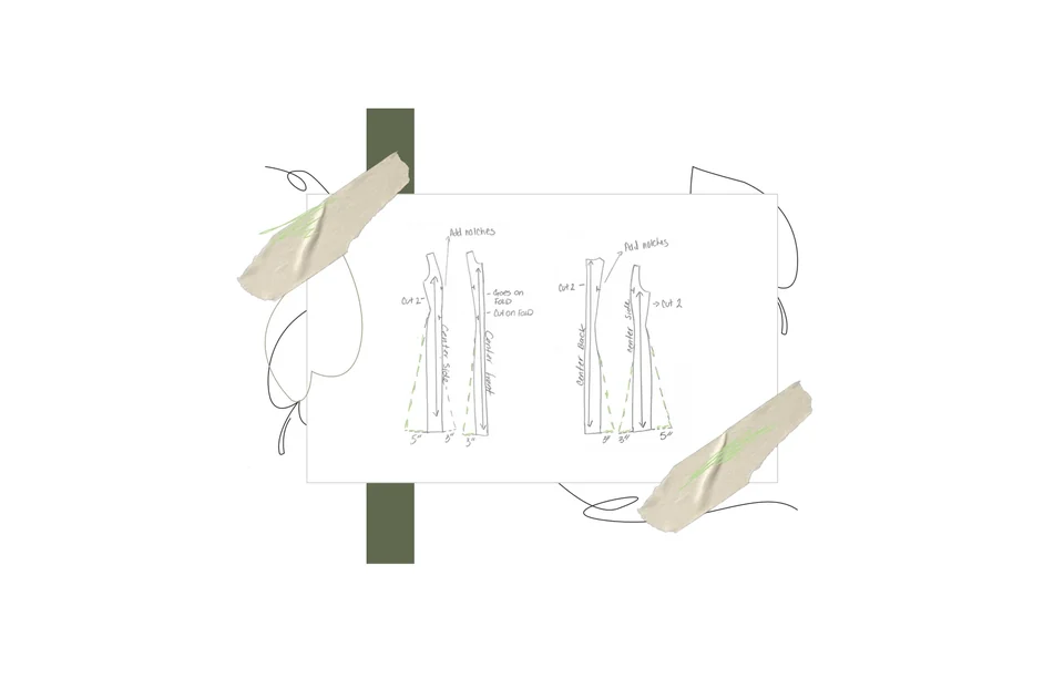 Breezy technical development drawings for a long draped silhouette.