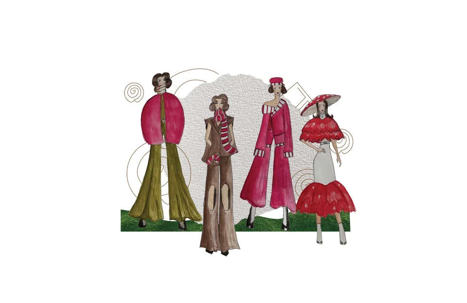 Five-look illustrated Candy Land fashion lineup.