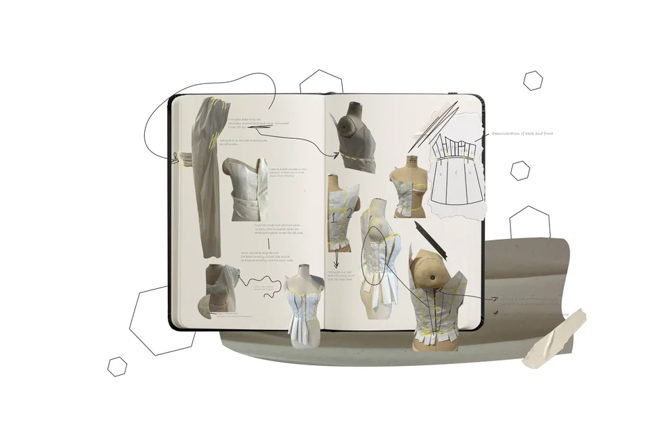 Faith draping and construction development sketchbook spread.