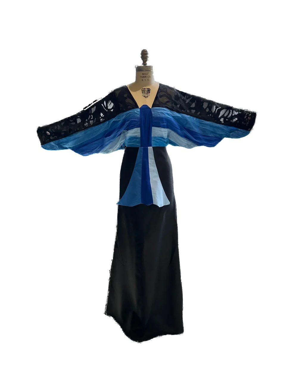 Completed blue and black Fantasy Dress on a dress form.