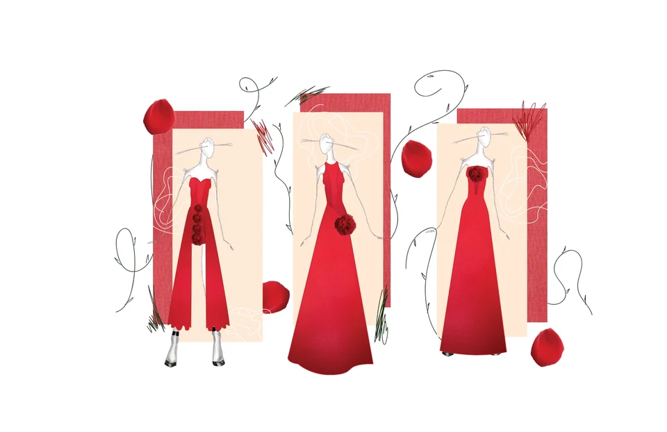 Three illustrated variations of the long red Passion evening dress.
