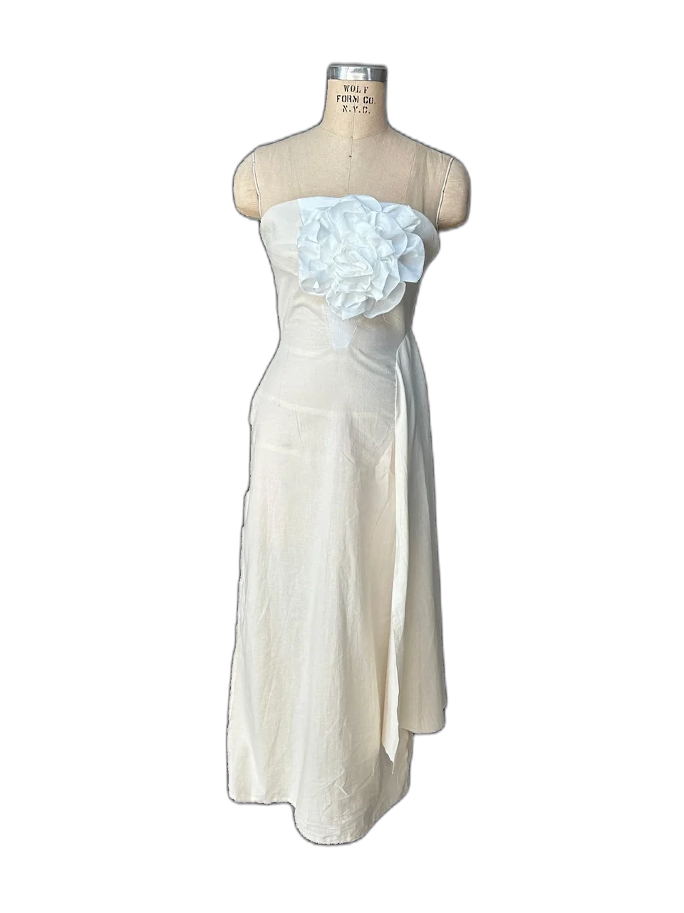 White Passion dress toile on a dress form, front view.
