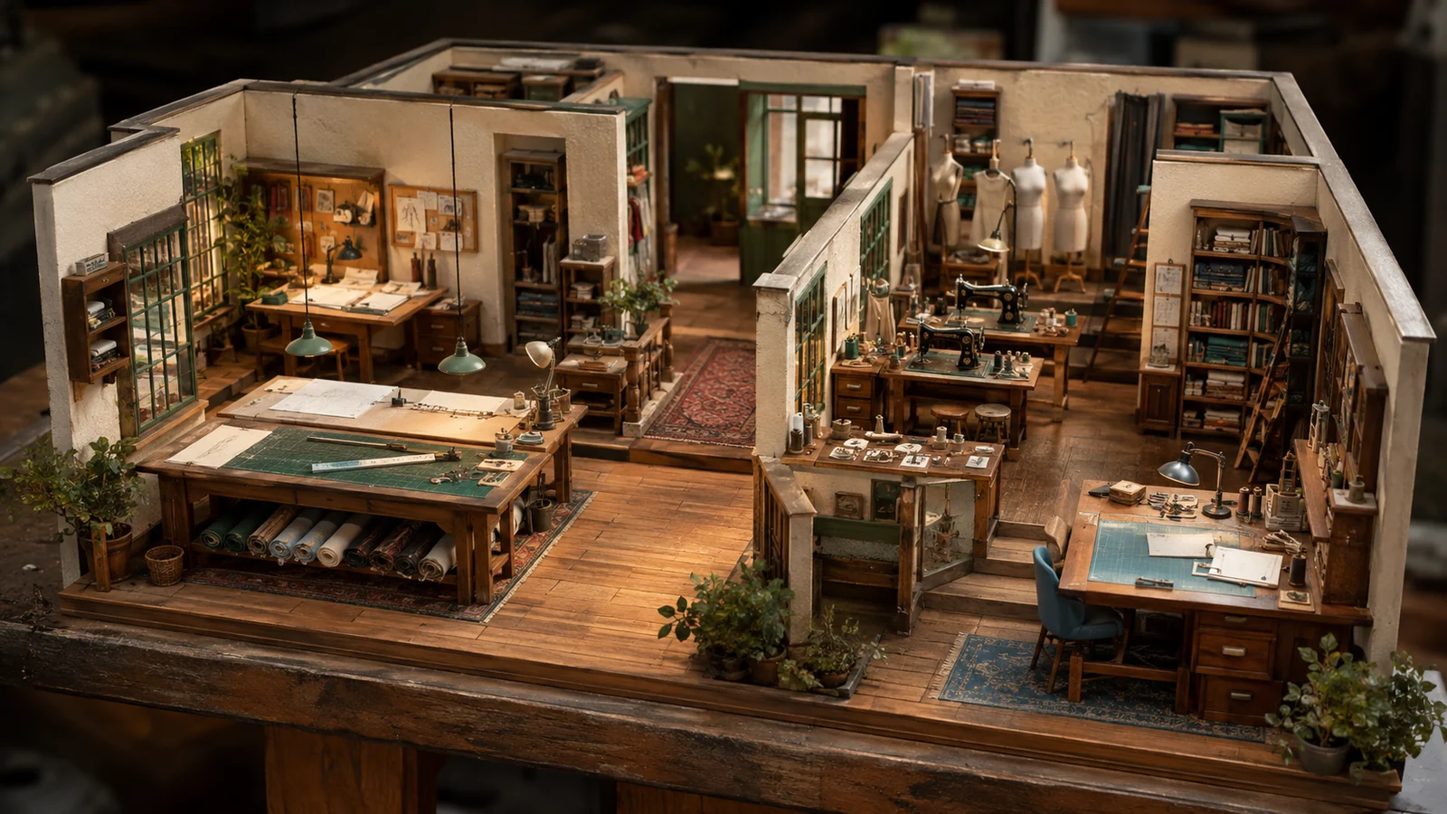 A realistic miniature cutaway fashion atelier with connected work rooms