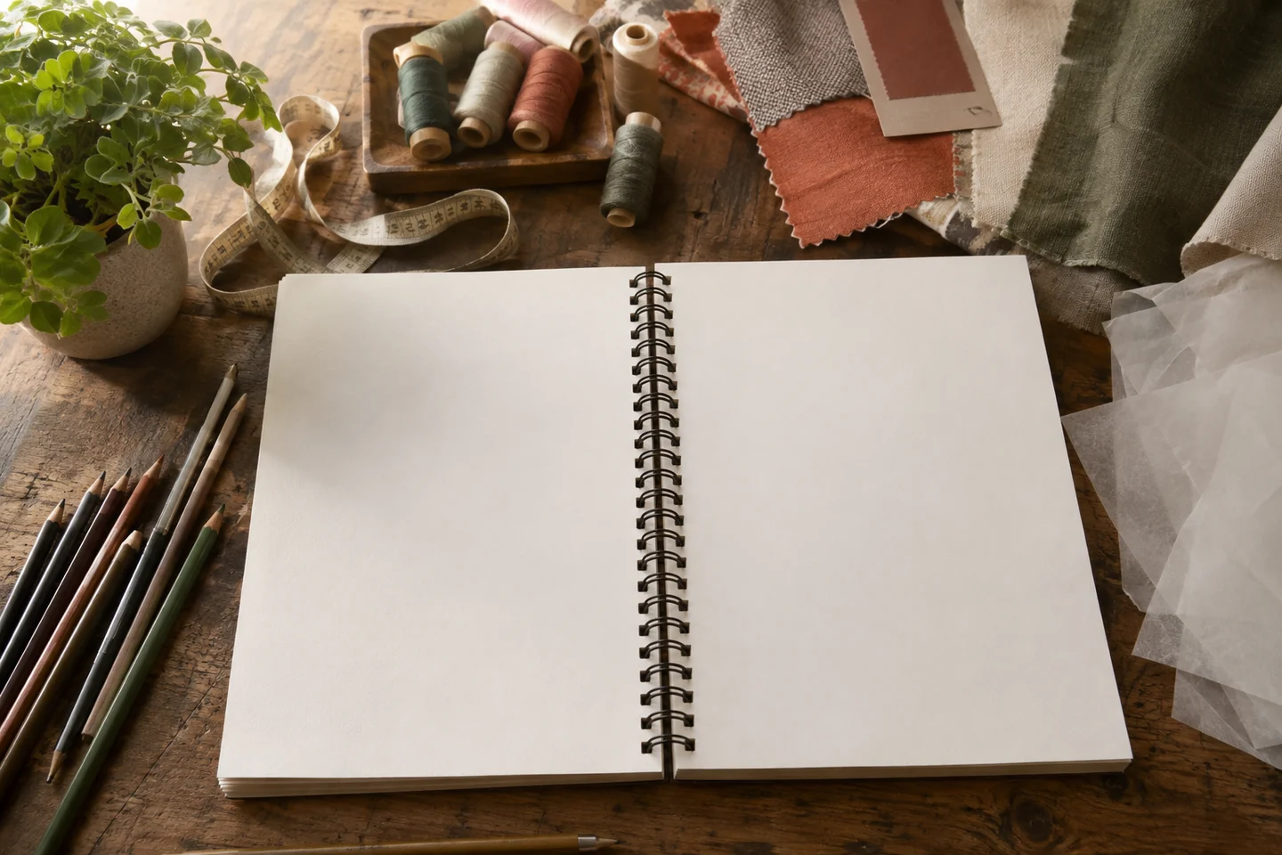An imagined illustration desk with an open spiral notebook, pencils, thread, and fabric samples