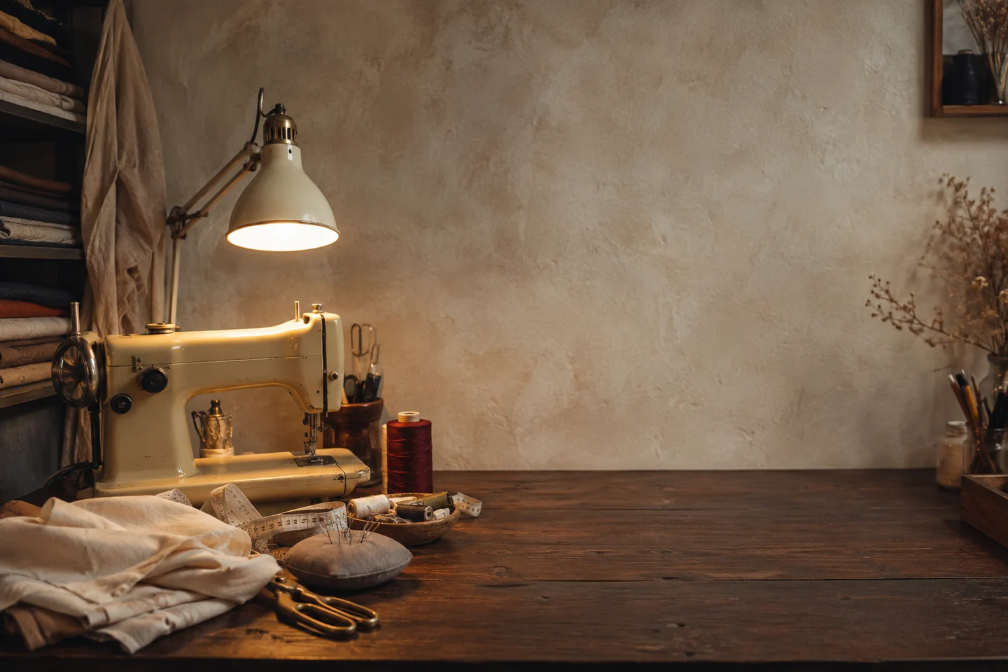 An imagined garment construction station with a sewing machine and work surface