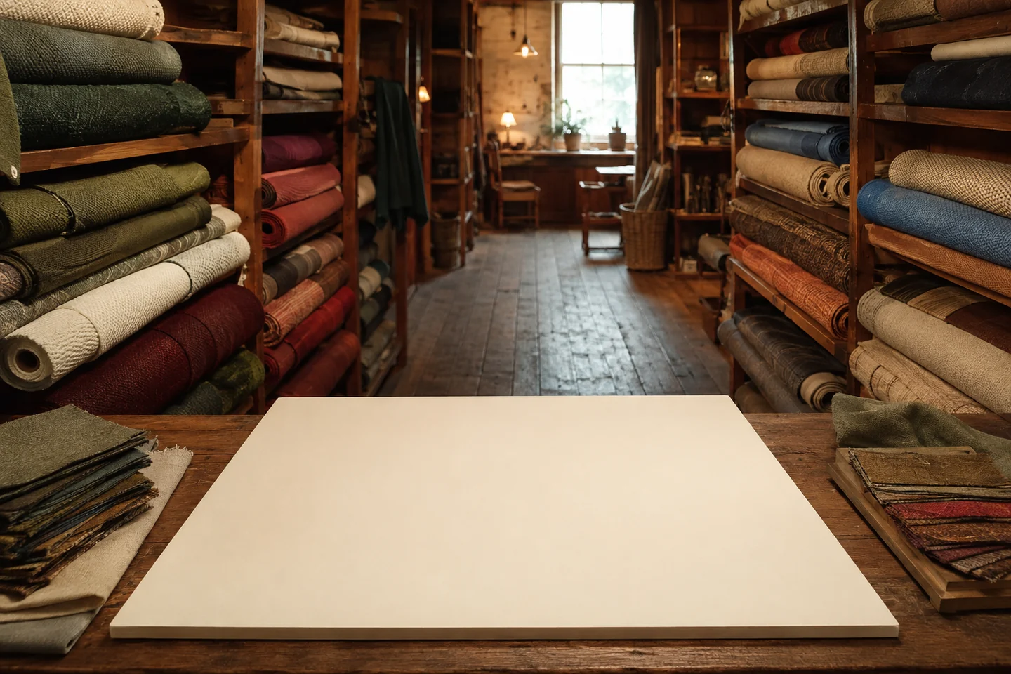 An imagined textile wall and sample table filled with tactile fabric references